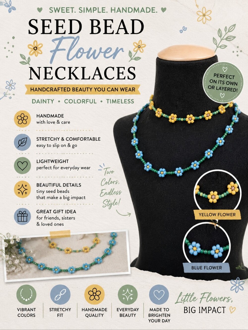 Handmade Beaded Flower Necklace & Choker Set in Yellow and Blue